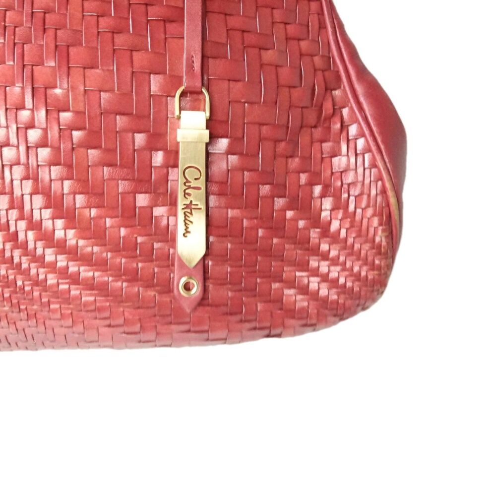 Cole Haan Woven Leather Handbag Maroon Red Satchel - Picture 3 of 12